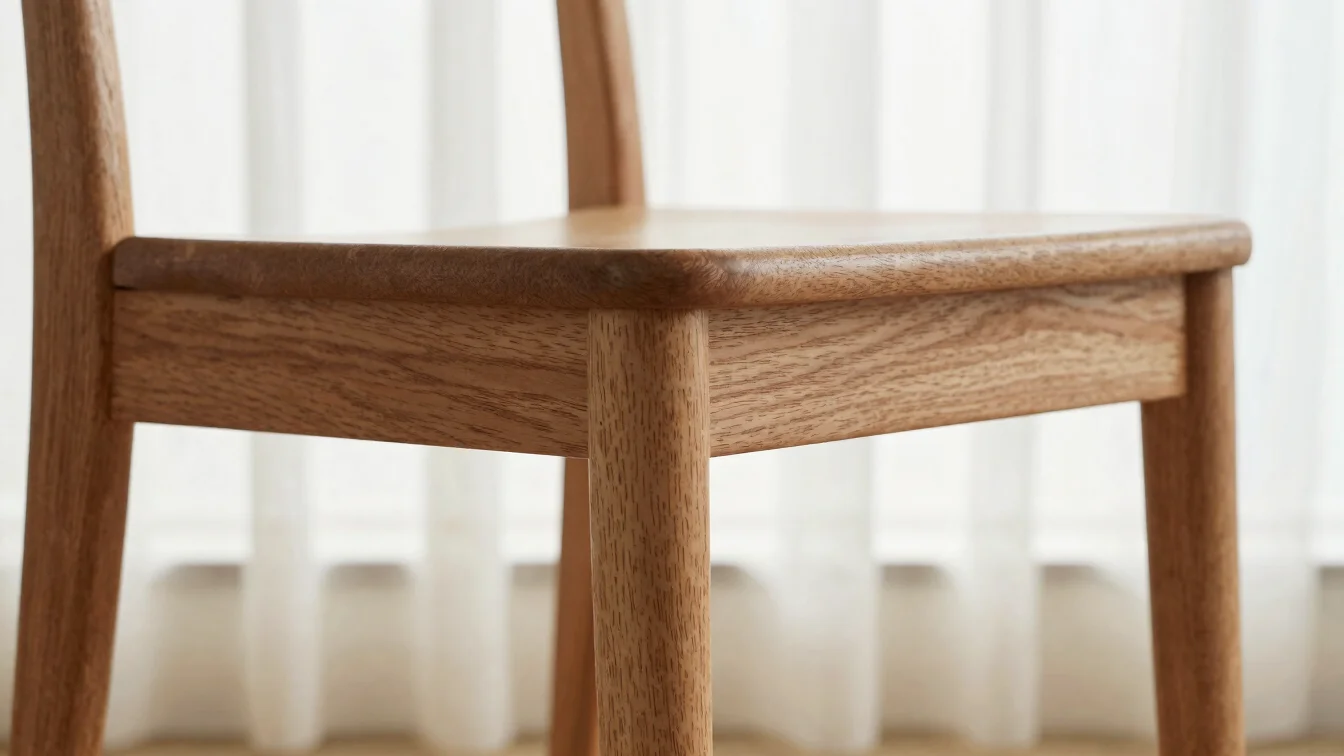 Close editorial product detail of a wooden chair frame in soft window light, showing wood grain and joinery, straightfor