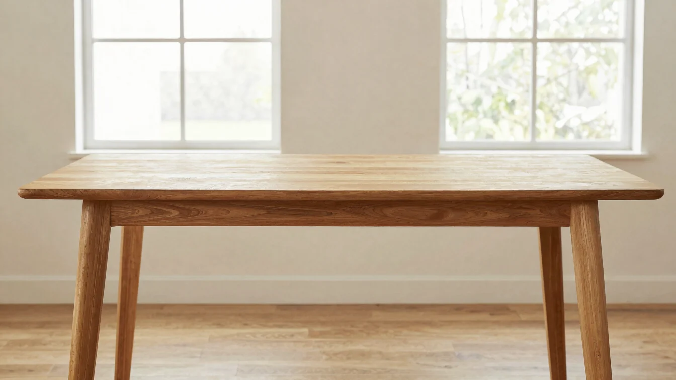 Wooden dining table in soft natural window daylight, wide view showing scale, readable wood tones, straightforward compo
