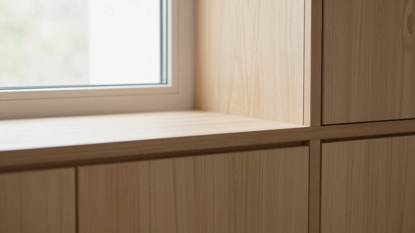 Wooden cabinet detail in soft window light, close view of edges and joinery, natural wood tones, restrained editorial mo