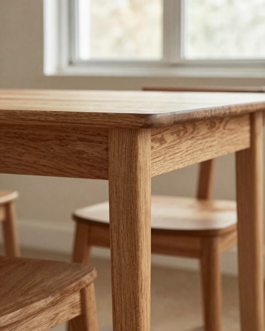 Editorial product photography of a solid wooden furniture piece under soft window daylight, showing natural wood grain,