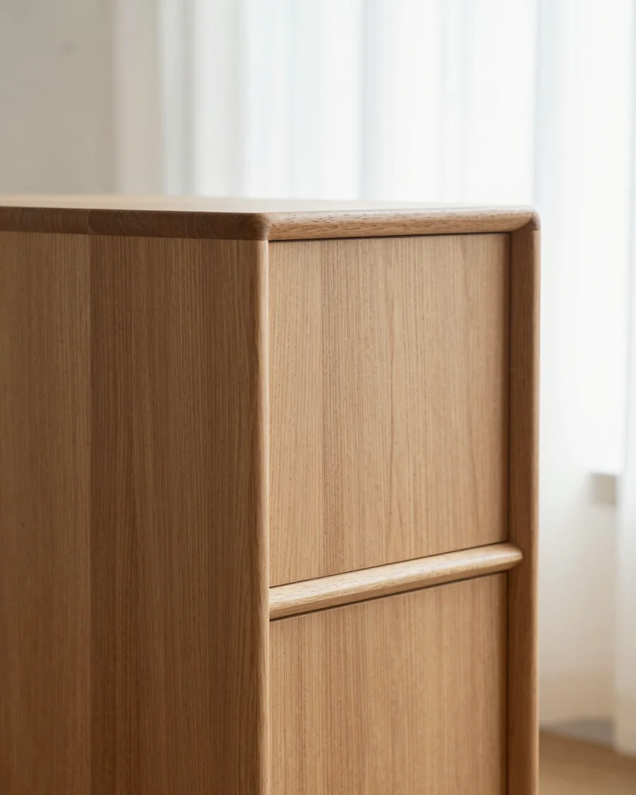 Editorial product photography of a wooden furniture piece in soft window daylight, natural wood grain clearly visible, s