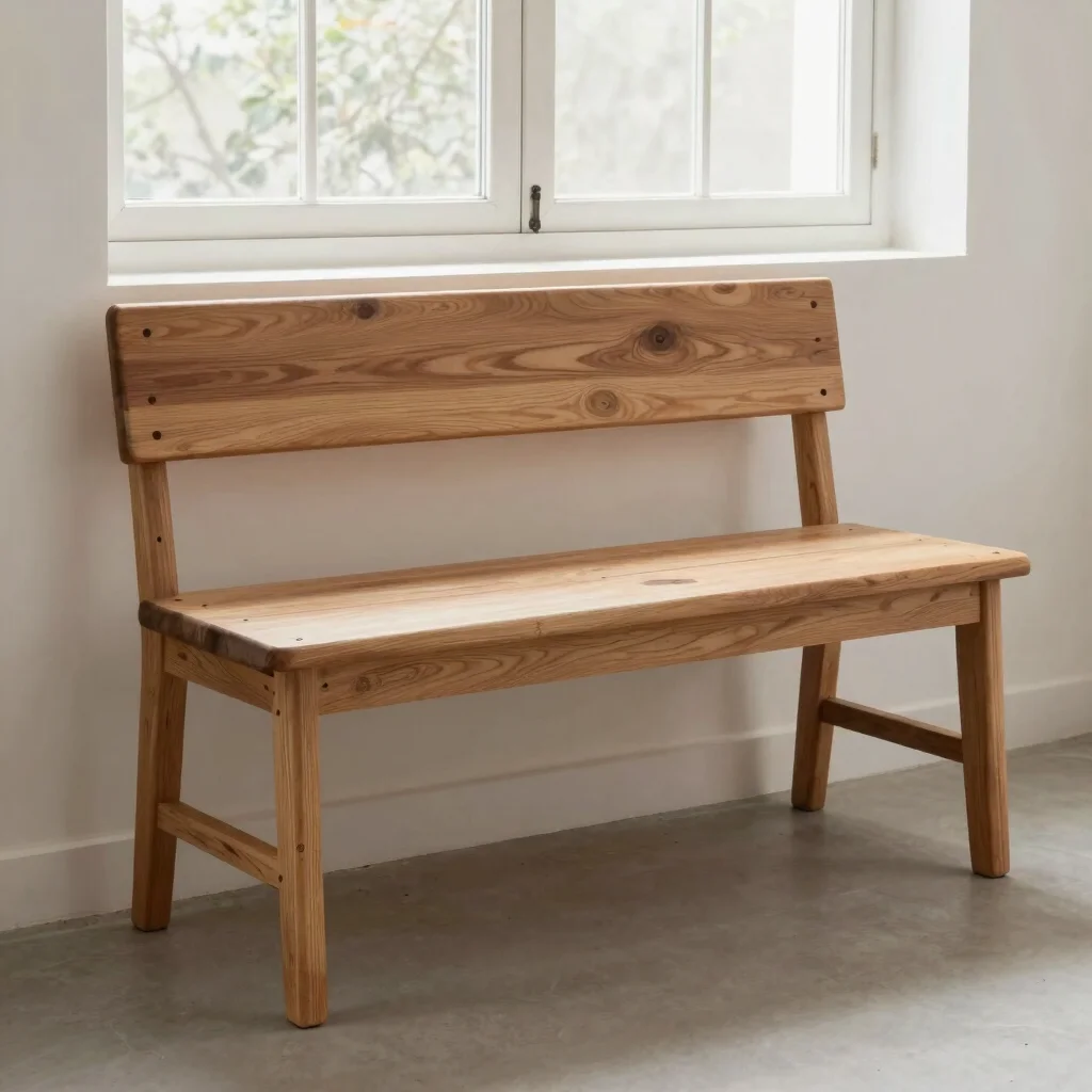 Editorial product photograph of a wooden bench with visible joinery and natural timber tones, soft window light, straigh