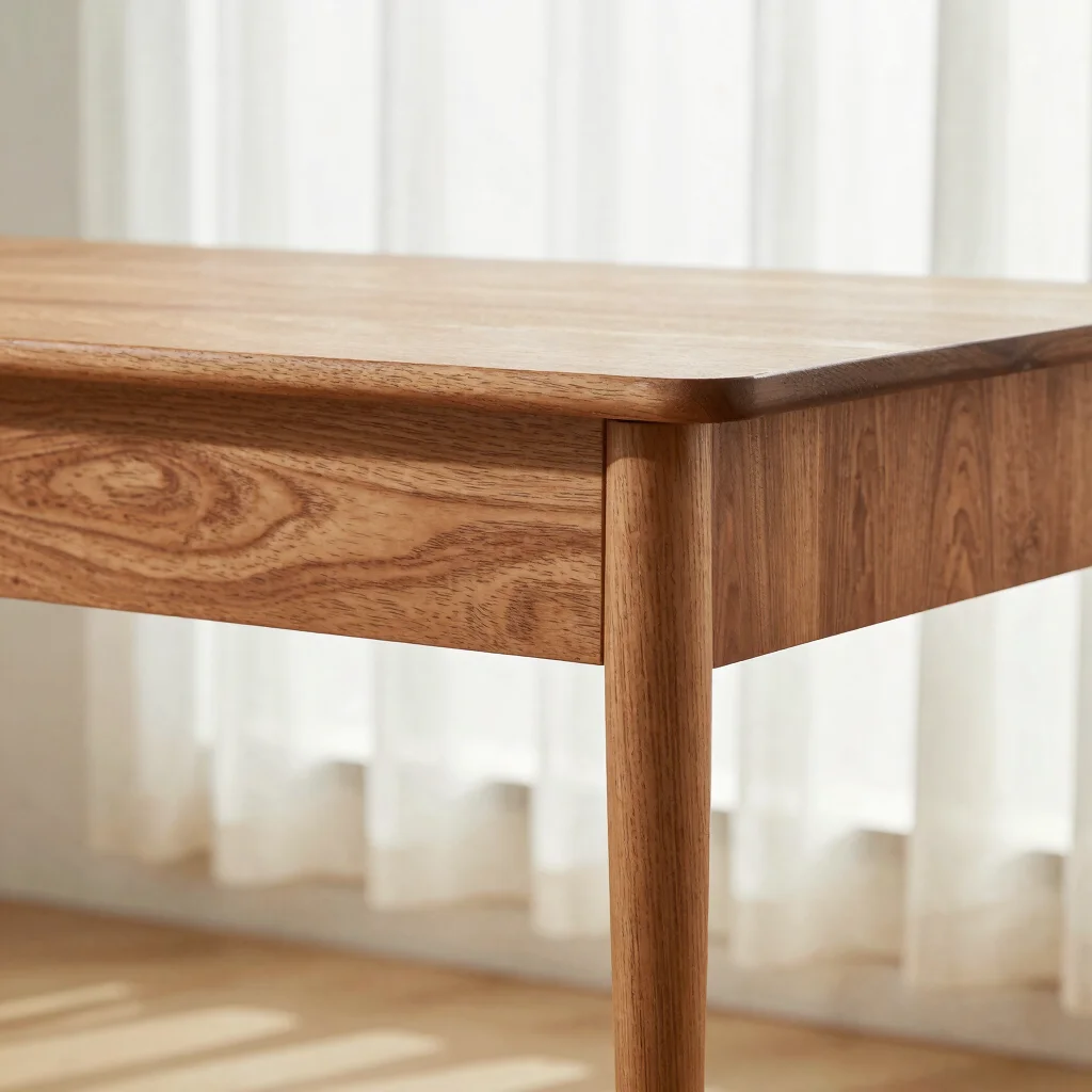 Editorial product photograph of a wooden writing desk, close detail of the top edge and leg joint, soft natural window l