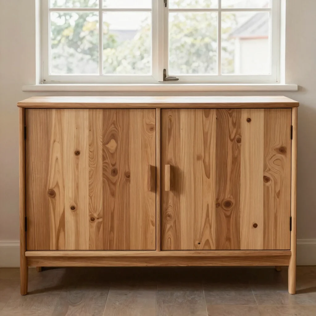 Editorial product photograph of a wooden storage cabinet with clean doors and handles, soft window daylight, natural woo