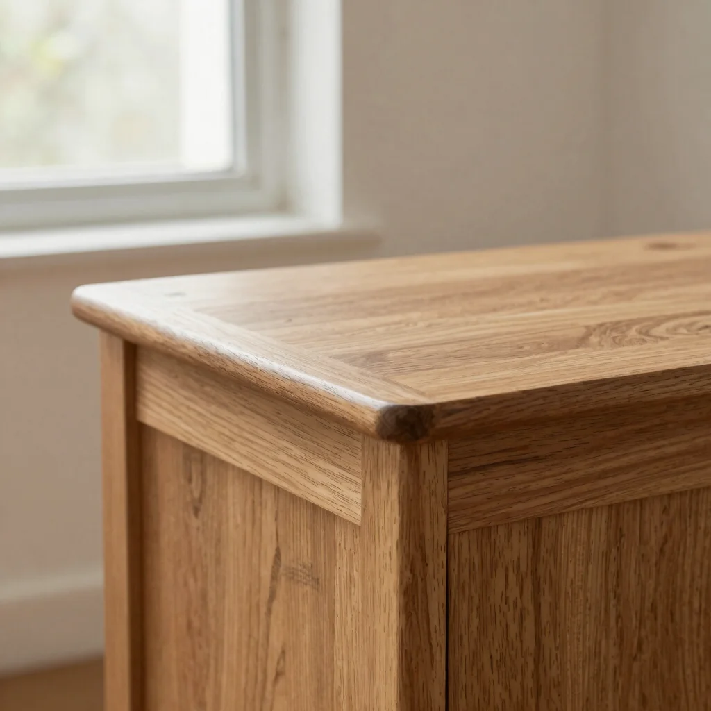 Editorial product photograph of a wooden side table, close detail of the grain and corner construction, soft window ligh