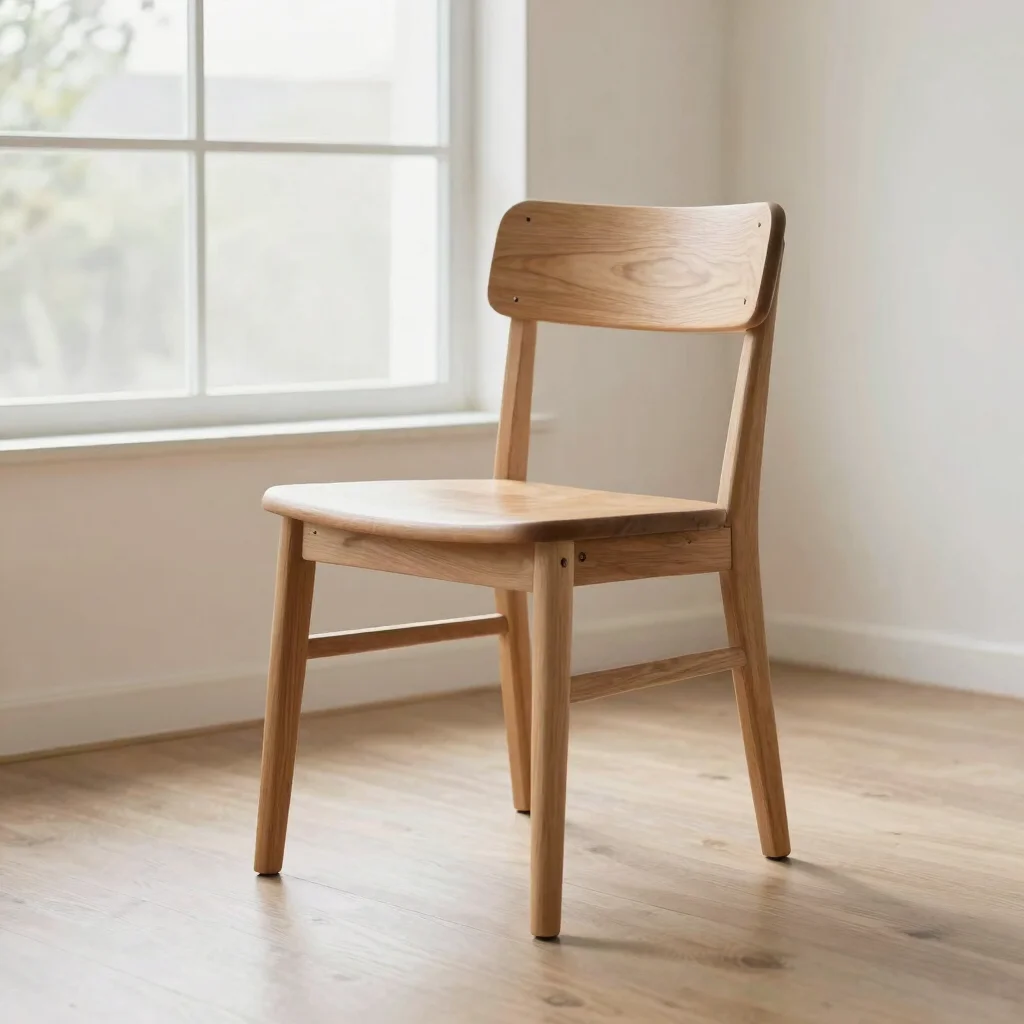 Editorial product photograph of a wooden chair showing form and structure, soft natural window light, wide view showing