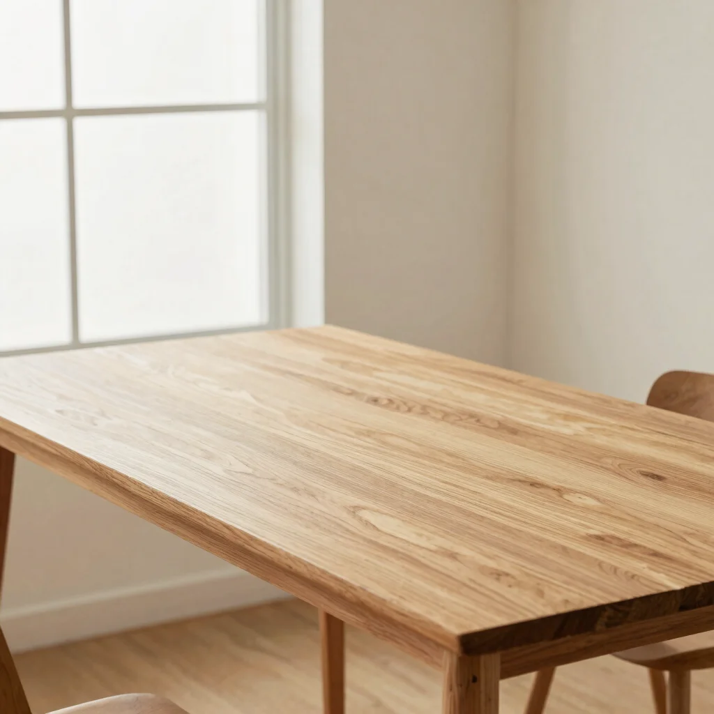 Editorial product photograph of a solid wooden dining table in soft window daylight, natural wood grain clearly visible,